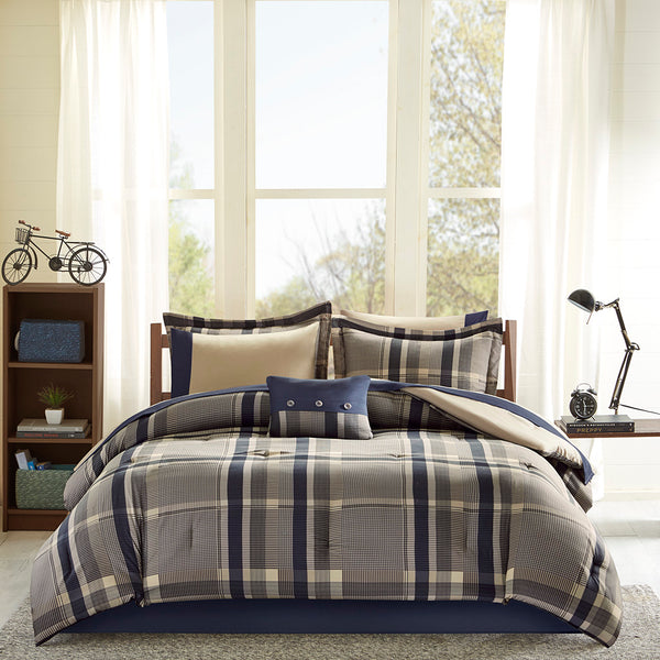 English Elm Full Plaid Comforter Set with Bed Sheets — OEKO-TEX Navy Taupe Plaid Bedding, Includes Shams, Skirt, Pillow B03595828