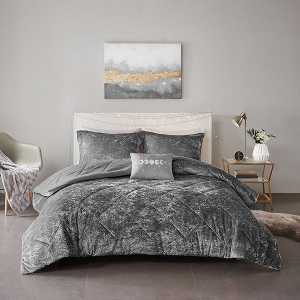 English Elm Twin/Twin Felicia Velvet Comforter Set in Grey — Diamond Quilted Crushed Velvet, Hypoallergenic Fill, Throw Pillow Included B03595915