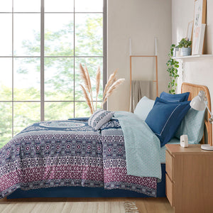 English Elm Twin Boho Comforter Set with Bed Sheets — Navy & Purple Medallion Design, OEKO-TEX, Sham, Pillow, Bedskirt, Cozy Twin Bedding Collection B03595853