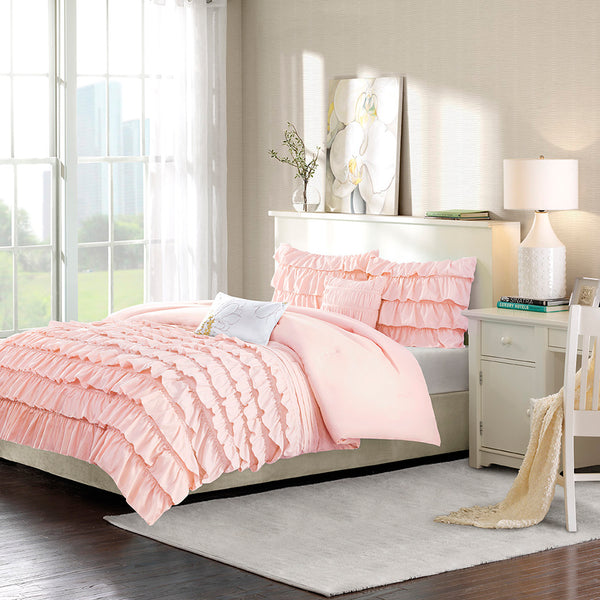 English Elm Twin/Twin Waterfall Ruffled Comforter Set Blush Microfiber, Antimicrobial, Ultra-Soft with Pillows B03595857