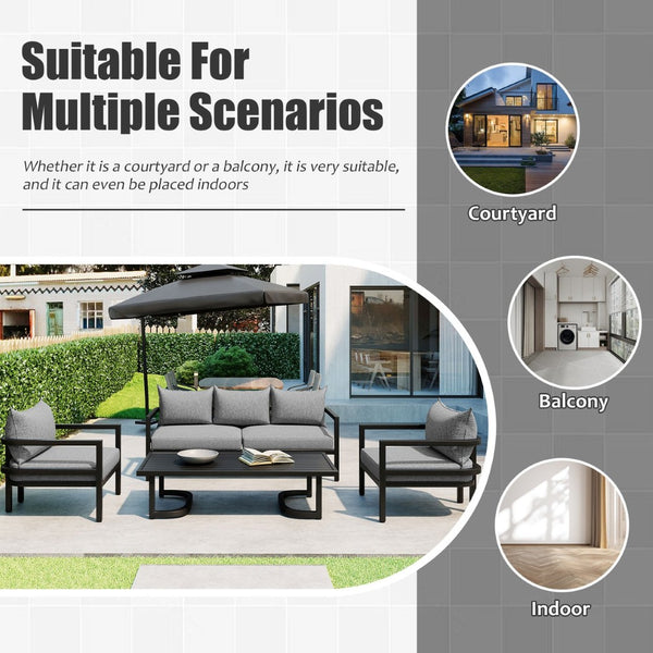English Elm U_style 5 Seat Outdoor Sofa Set Powder Coated Steel Acacia Wood Table Garden Patio Light Gray WY000333AAE