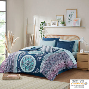 English Elm Full Loretta Boho Comforter Set with Sheets, Navy Purple Medallion, OEKO-TEX Certified Bedding B03595855
