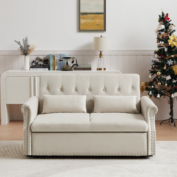 English Elm Artemax Velvet Tufted Convertible Loveseat Sleeper with Nailhead Trim for Small Spaces Beige W668100738