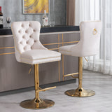 English Elm ,Thick Golden Swivel Velvet Barstools Adjusatble Seat Height From 27-35 Inch, Modern Upholstered Bar Stools With Backs Comfortable Tufted For Home Pub and Kitchen Island (Beige,Set Of 2)