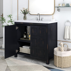 English Elm 36" Retro Espresso Bathroom Vanity Organizer with Sink — Solid Wood, Handcrafted Distressed Finish, Spacious Storage and Soft-Close Doors SV000004AAE-2