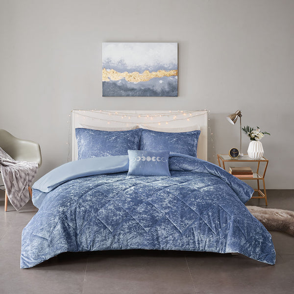 English Elm Twin/Twin Periwinkle Velvet Duvet Cover Set with Quilted Diamond Texture, Sham & Embroidered Pillow B03596095