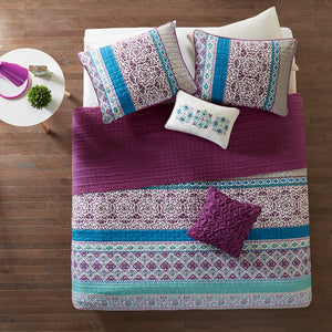 English Elm Twin/Twin Boho Reversible Quilt Set with Pillows — Vibrant Global Prints, Purple Reverse, OEKO-TEX Safe B03596118