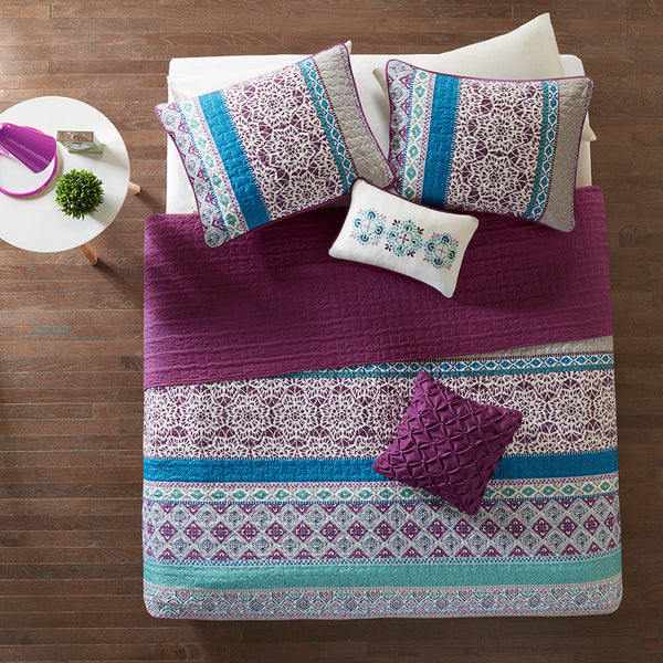 English Elm Twin/Twin Boho Reversible Quilt Set with Pillows — Vibrant Global Prints, Purple Reverse, OEKO-TEX Safe B03596118
