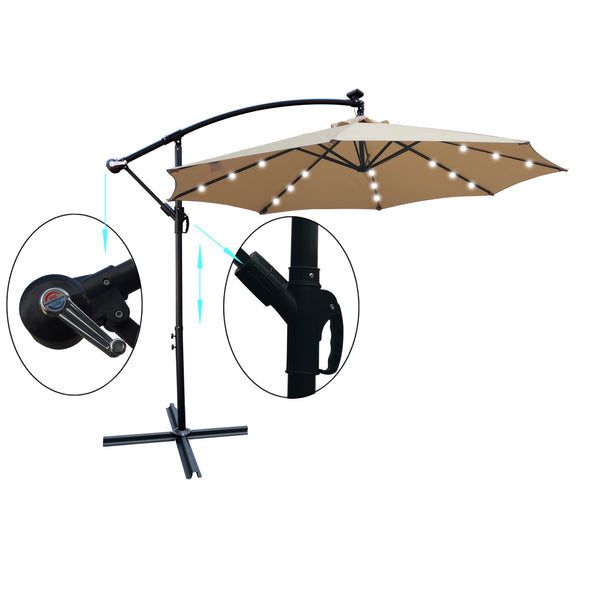 English Elm Tan 10 ft Solar Patio Umbrella with 24 LED Lights, Water & UV Resistant Canopy, Crank Lift, Base W65627949