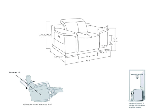 English Elm Global Genuine Italian Leather Power Recliner with USB, Stainless Steel Legs & High-Density Foam Cushioning White B05777772