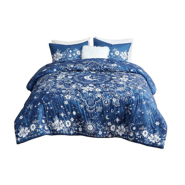 English Elm Twin/Twin Celestial Comforter Set by Intelligent Design Stella - Navy Stars, Moons, Antimicrobial Freshness Pillow Included B03595968