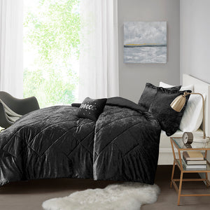 English Elm Twin/Twin Velvet Duvet Cover Set Felicia Crushed Diamond Quilted Black with Pillow, Soft Luxe Care B03596067