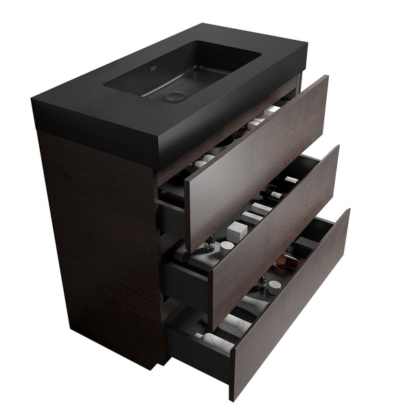 English Elm Alice 36" Walnut Bathroom Vanity With Black Sink, Freestanding Storage Unit For Modern Spaces W1865S00012