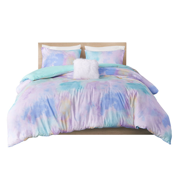 English Elm Twin/Twin Watercolor Tie Dye Duvet Cover Set with Piped Edges, Antimicrobial Microfiber & Fur Pillow B03596075