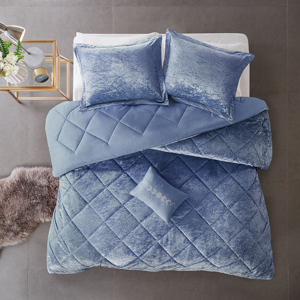 English Elm Full/Queen Velvet Comforter Set Felicia Periwinkle Crushed Velvet Quilted Diamond Hypoallergenic Plush Elegance B03595988