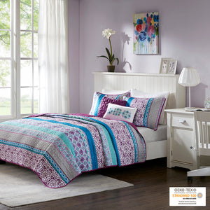 English Elm Twin/Twin Boho Reversible Quilt Set with Pillows — Vibrant Global Prints, Purple Reverse, OEKO-TEX Safe B03596118