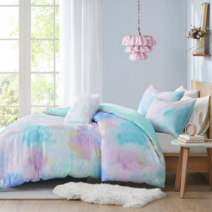 English Elm Twin/Twin Watercolor Tie Dye Duvet Cover Set with Piped Edges, Antimicrobial Microfiber & Fur Pillow B03596075