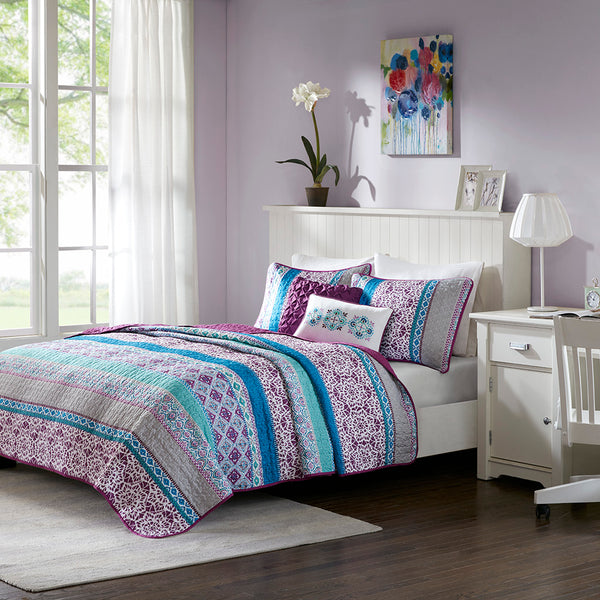 English Elm Twin/Twin Boho Reversible Quilt Set with Pillows — Vibrant Global Prints, Purple Reverse, OEKO-TEX Safe B03596118