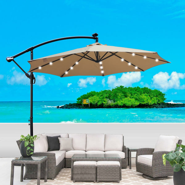 English Elm Tan 10 ft Solar Patio Umbrella with 24 LED Lights, Water & UV Resistant Canopy, Crank Lift, Base W65627949