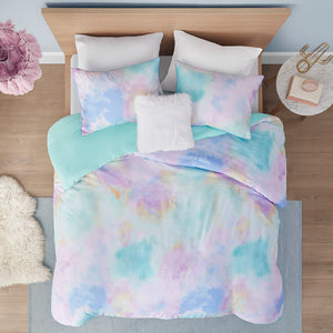English Elm Twin/Twin Watercolor Tie Dye Duvet Cover Set with Piped Edges, Antimicrobial Microfiber & Fur Pillow B03596075
