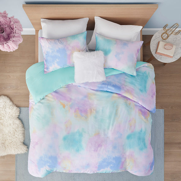 English Elm Twin/Twin Watercolor Tie Dye Duvet Cover Set with Piped Edges, Antimicrobial Microfiber & Fur Pillow B03596075