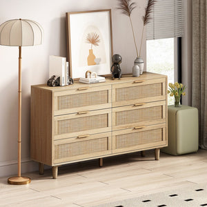 English Elm 51.18"6-Drawers Rattan Storage Cabinet with Natural Woven Drawers for Bedroom Living Room Decor, Durable Extra Storage W75784346