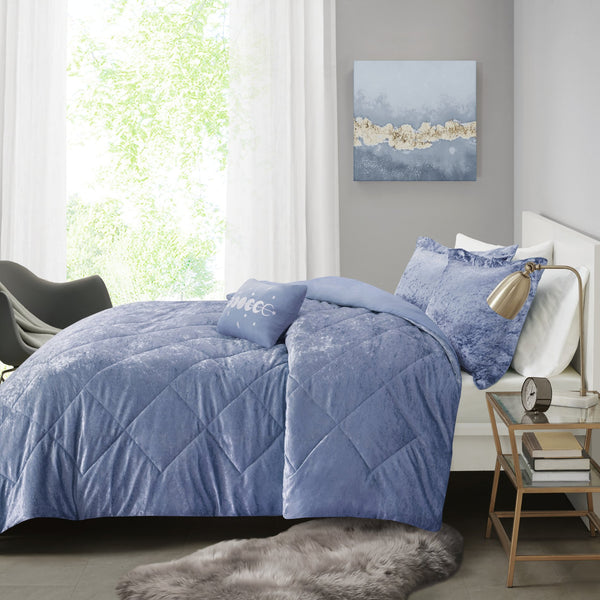 English Elm Full/Queen Velvet Duvet Cover Set Periwinkle Crushed Velvet Quilted Diamond Top with Pillow B03596096