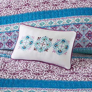 English Elm Twin/Twin Boho Reversible Quilt Set with Pillows — Vibrant Global Prints, Purple Reverse, OEKO-TEX Safe B03596118