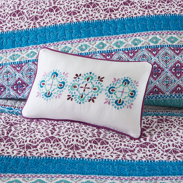 English Elm Twin/Twin Boho Reversible Quilt Set with Pillows — Vibrant Global Prints, Purple Reverse, OEKO-TEX Safe B03596118