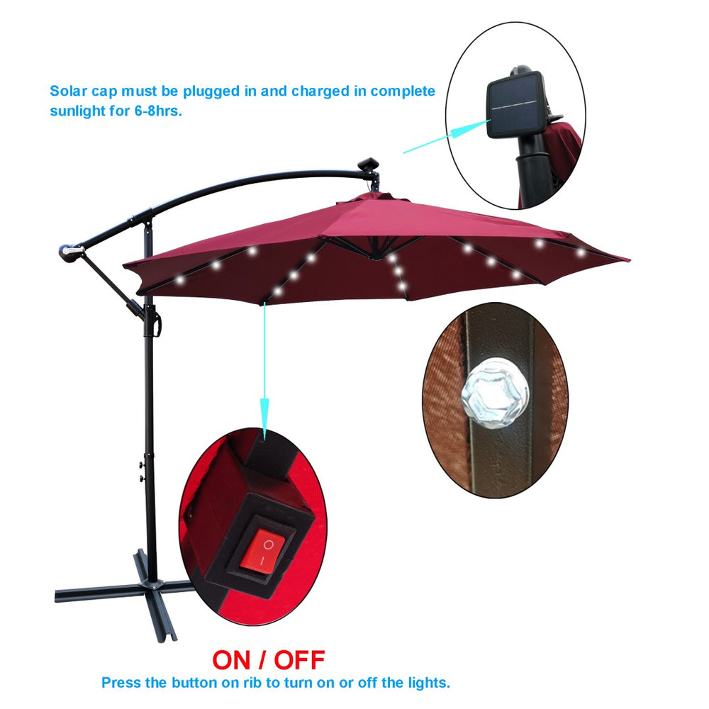 English Elm 10 Ft Solar Led Patio Umbrella with Crank Tilt Upf 40 Plus Steel Frame Cross Base Burgundy W65627956