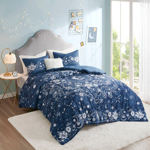 English Elm Full/Queen Stella Celestial Comforter Set with Antimicrobial Navy Star & Moon Print, Shams + Pillow B03595969