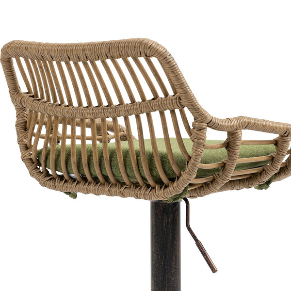 English Elm Modern Swivel Bar Stools Set of 2 Adjustable Counter Height Chairs with Linen Seat, Retro Rattan Back, 360° Rotation and Footrest, Vintage Gold Base, Durable Indoor/Outdoor Seating (Seat Height 25.6–33.9") Green W39594822