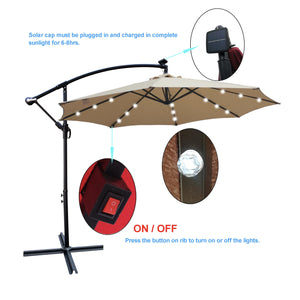 English Elm Tan 10 ft Solar Patio Umbrella with 24 LED Lights, Water & UV Resistant Canopy, Crank Lift, Base W65627949