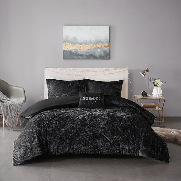 English Elm Twin/Twin Velvet Duvet Cover Set Felicia Crushed Diamond Quilted Black with Pillow, Soft Luxe Care B03596067