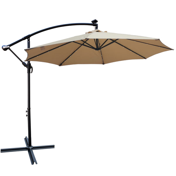 English Elm Tan 10 ft Solar Patio Umbrella with 24 LED Lights, Water & UV Resistant Canopy, Crank Lift, Base W65627949