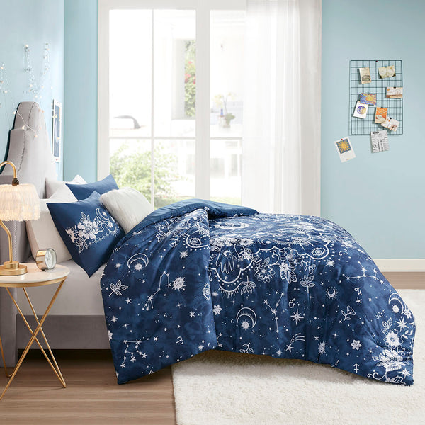 English Elm Full/Queen Stella Celestial Comforter Set with Antimicrobial Navy Star & Moon Print, Shams + Pillow B03595969