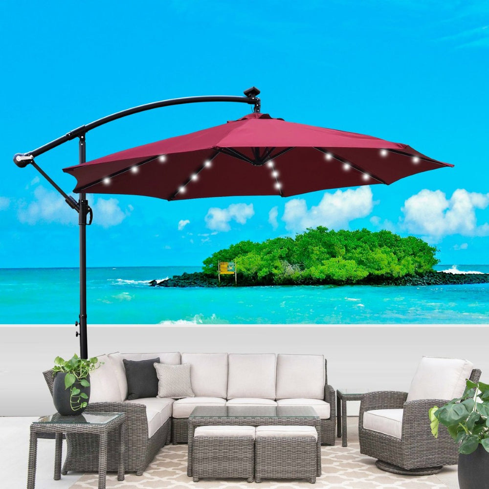 English Elm 10 Ft Solar Led Patio Umbrella with Crank Tilt Upf 40 Plus Steel Frame Cross Base Burgundy W65627956