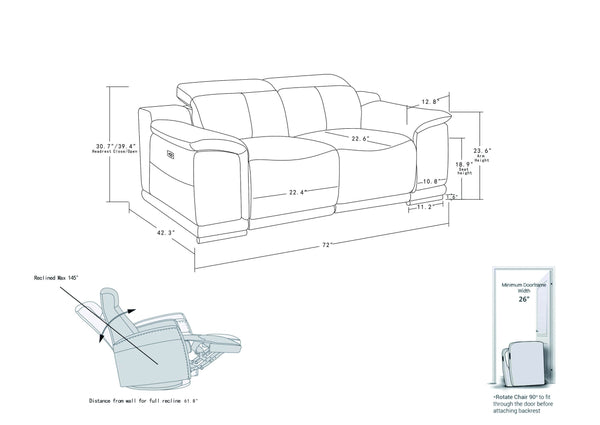 English Elm Global Top Grain Italian Leather Power Reclining Loveseat with USB Charger, Chrome Legs, High-Density Foam Cushioning White B05777773