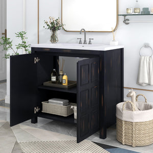 English Elm 36" Retro Espresso Bathroom Vanity Organizer with Sink — Solid Wood, Handcrafted Distressed Finish, Spacious Storage and Soft-Close Doors SV000004AAE-2