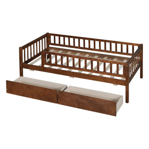 English Elm Twin Pine Wood Daybed with Storage Drawers for Guest Room or Studio Space Walnut WF301864AAL