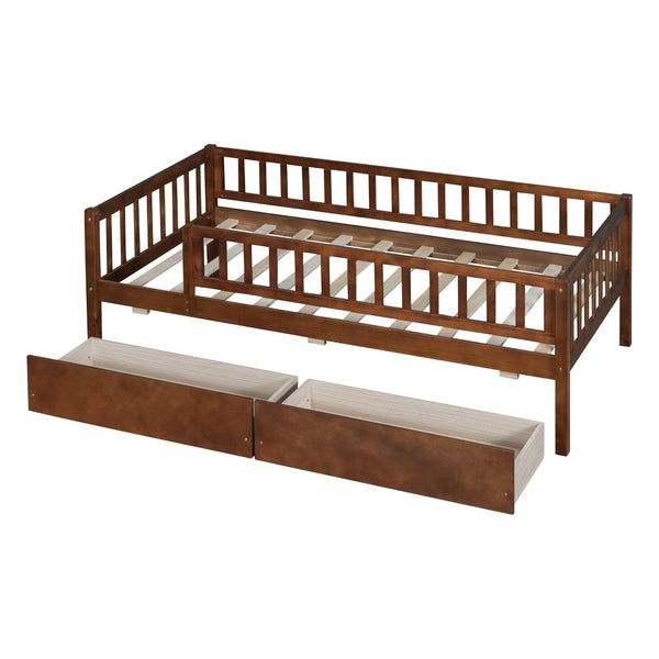 English Elm Twin Pine Wood Daybed with Storage Drawers for Guest Room or Studio Space Walnut WF301864AAL