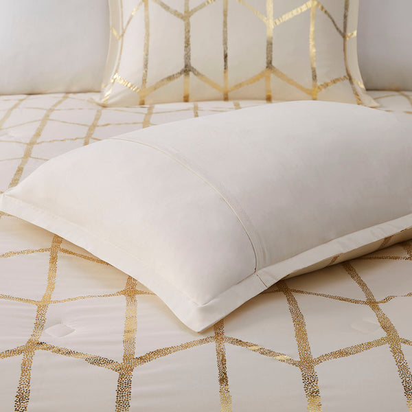 English Elm Twin/Twin Metallic Printed Duvet Cover Set with Gold Geometric Print, Microfiber, Antimicrobial, Decorative Pillows B03596041