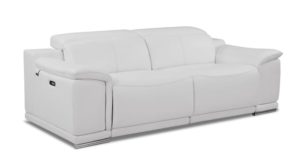 English Elm Global Genuine Italian Leather Power Reclining Sofa with USB, Top-Grain Comfort, Chrome Legs, White B05777774