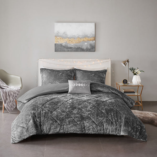 English Elm Full/Queen Velvet Duvet Cover Set Felicia — Quilted Crushed Velvet Grey, 4-Piece Soft Luxury Bedding B03596050