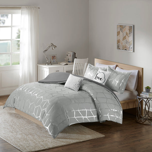 English Elm Full/Queen Raina Metallic Geometric Duvet Cover Set with Antimicrobial Protection, Shams & Pillows B03596036
