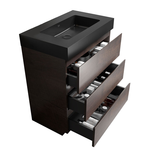 English Elm Alice 30" Walnut Bathroom Vanity With Soft-Close Drawers, Modern Black Sink, & Ample Storage Solutions W1865S00011