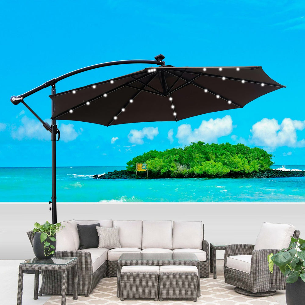 English Elm 10 ft Solar LED Patio Umbrella with 24 Lights, 8-Rib Weather-Resistant Canopy, Crank Lift & Base Chocolate W65627957