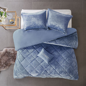 English Elm Full/Queen Velvet Duvet Cover Set Periwinkle Crushed Velvet Quilted Diamond Top with Pillow B03596096