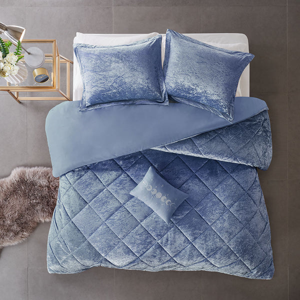 English Elm Full/Queen Velvet Duvet Cover Set Periwinkle Crushed Velvet Quilted Diamond Top with Pillow B03596096