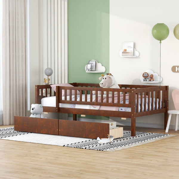 English Elm Twin Pine Wood Daybed with Storage Drawers for Guest Room or Studio Space Walnut WF301864AAL